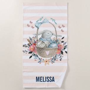 Cute Bunny in a basket with Eggs & Pretty Flowers Beach Towel