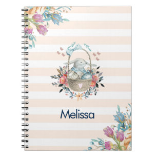 Cute Bunny in a basket with Eggs & Pretty Flowers Notebook