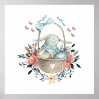 Cute Bunny in a basket with Eggs & Pretty Flowers