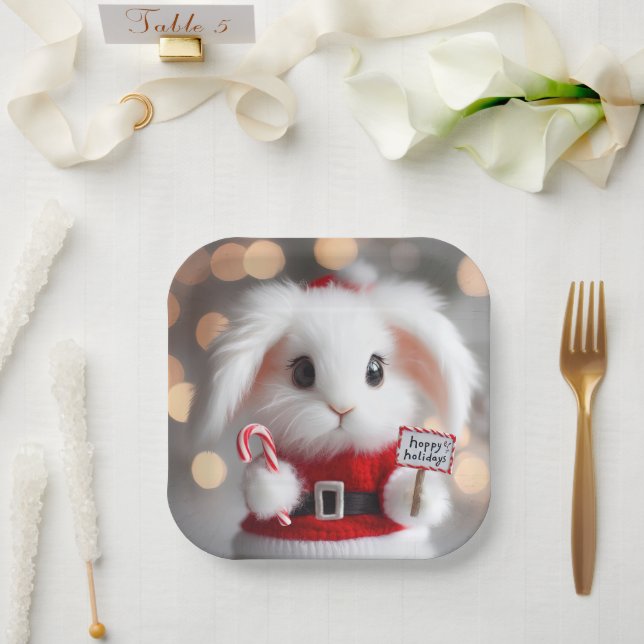 Cute bunny in a Christmas costume Paper Plate (Wedding)