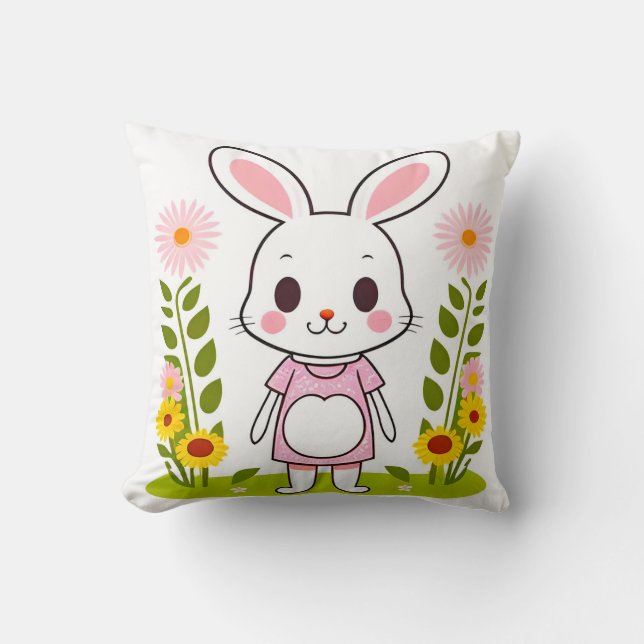 Cute Bunny in a Dress Surrounded by Flowers Cushion (Front)