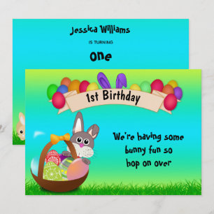 Cute Bunny In Basket Easter 1st Birthday Invitation