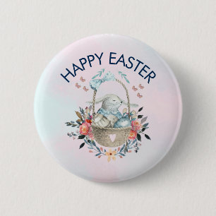 Cute Bunny in Basket & Pretty Florals Happy Easter 6 Cm Round Badge