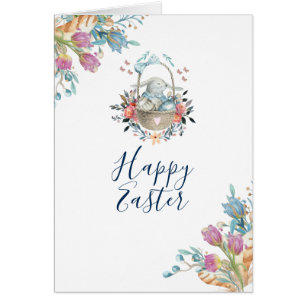 Cute Bunny in Basket & Tulip Florals Happy Easter