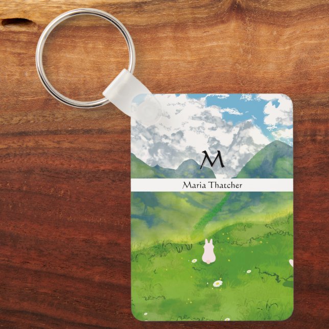 Cute Bunny in Mountain View Personalise Key Ring (Front)