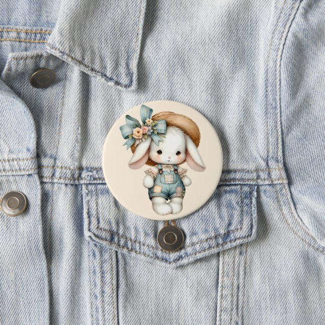 Cute Bunny in Overalls with Straw Hat & Bow 7.5 Cm Round Badge (In Situ)