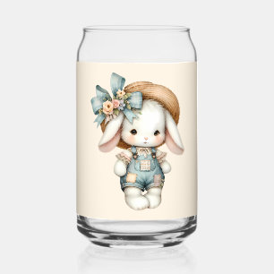 Cute Bunny in Overalls with Straw Hat & Bow Can Glass