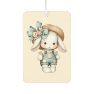Cute Bunny in Overalls with Straw Hat & Bow Car Air Freshener