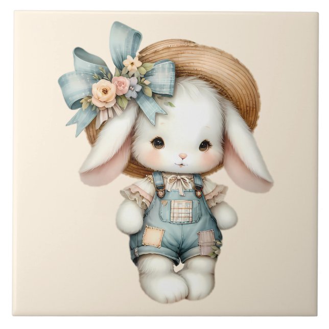 Cute Bunny in Overalls with Straw Hat & Bow Ceramic Tile (Front)