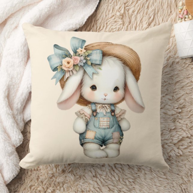 Cute Bunny in Overalls with Straw Hat & Bow Cushion (Blanket)