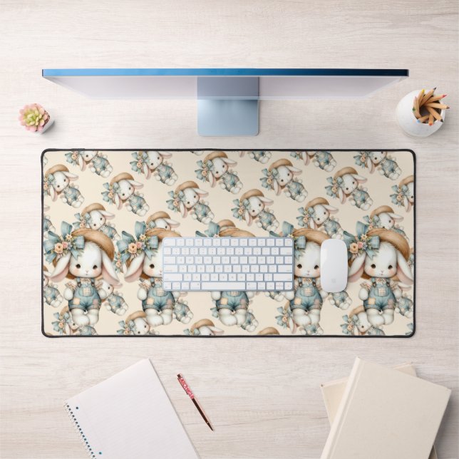 Cute Bunny in Overalls with Straw Hat & Bow Desk Mat (Office 1)