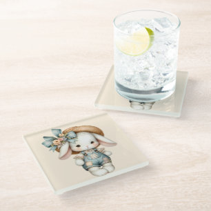 Cute Bunny in Overalls with Straw Hat & Bow Glass Coaster