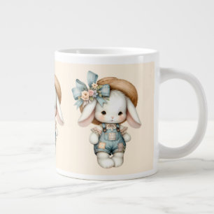 Cute Bunny in Overalls with Straw Hat & Bow Large Coffee Mug