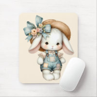 Cute Bunny in Overalls with Straw Hat & Bow