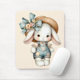 Cute Bunny in Overalls with Straw Hat & Bow Mouse Pad