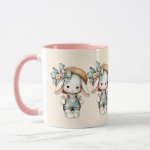Cute Bunny in Overalls with Straw Hat & Bow Mug