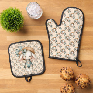 Cute Bunny in Overalls with Straw Hat & Bow Oven Mitt & Pot Holder Set