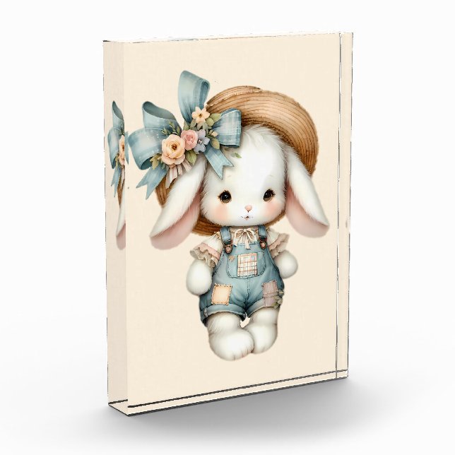 Cute Bunny in Overalls with Straw Hat & Bow Photo Block (Left)