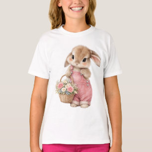 Cute Bunny in Pink Overalls Spring Floral Kids T- T-Shirt