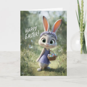 Cute Bunny in Purple Flower Crown & Easter Basket Card