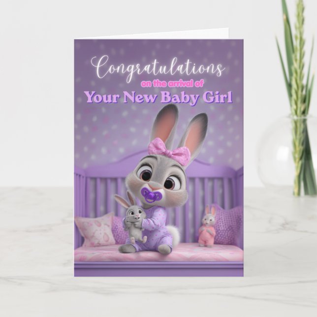 Cute Bunny in Purple New Baby Girl Congratulations Card (Front)