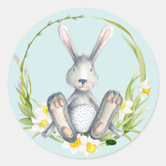 Cute Bunny in Spring Floral Wreath Blue Classic Round Sticker (Front)