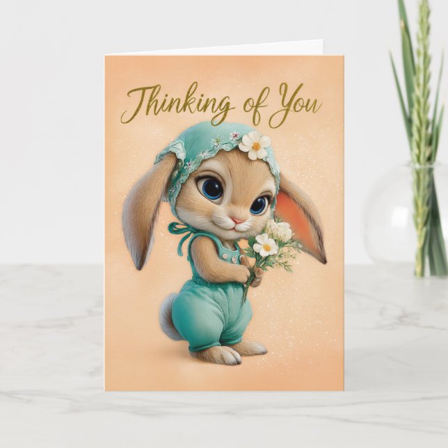 Cute Bunny in Teal Romper & Bonnet Encouragement Card (Front)