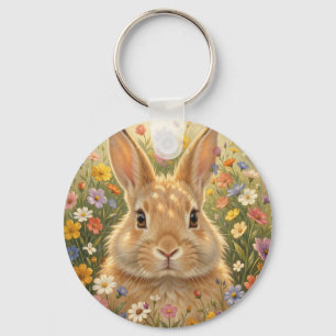 Cute Bunny in Vibrant Flower Meadow Key Ring