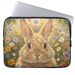 Cute Bunny in Vibrant Flower Meadow Laptop Sleeve