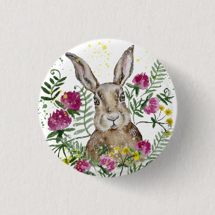 Cute bunny in watercolor flowers 3 cm round badge