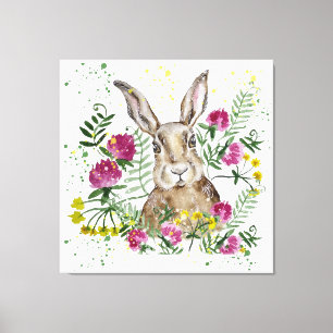 Cute bunny in watercolor flowers canvas print
