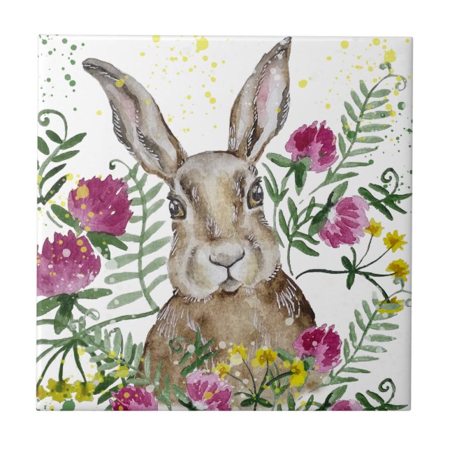 Cute bunny in watercolor flowers  ceramic tile (Front)