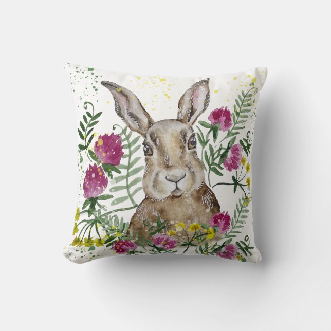 Cute bunny in watercolor flowers cushion (Front)