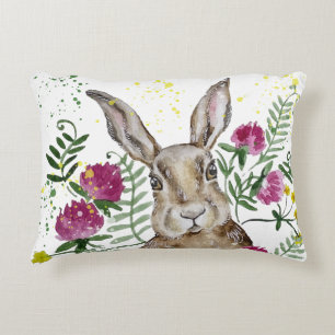 Cute bunny in watercolor flowers decorative cushion
