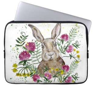 Cute bunny in watercolor flowers laptop sleeve