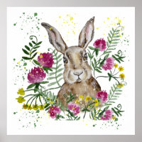 Cute bunny in watercolor flowers