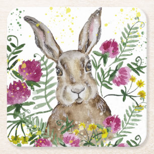Cute bunny in watercolor flowers square paper coaster