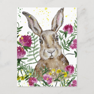 Cute bunny in watercolour flowers postcard