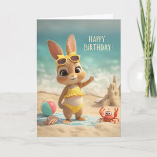 Cute Bunny in Yellow Swimsuit Beach Birthday Card