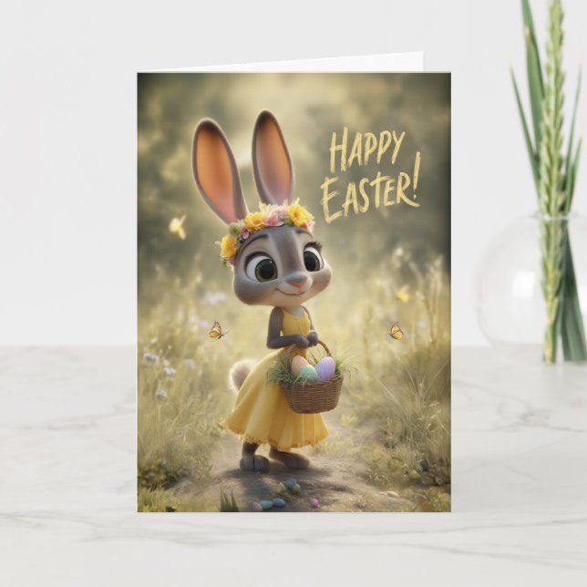 Cute Bunny in Yellow w/ Happy Easter Basket Card (Front)