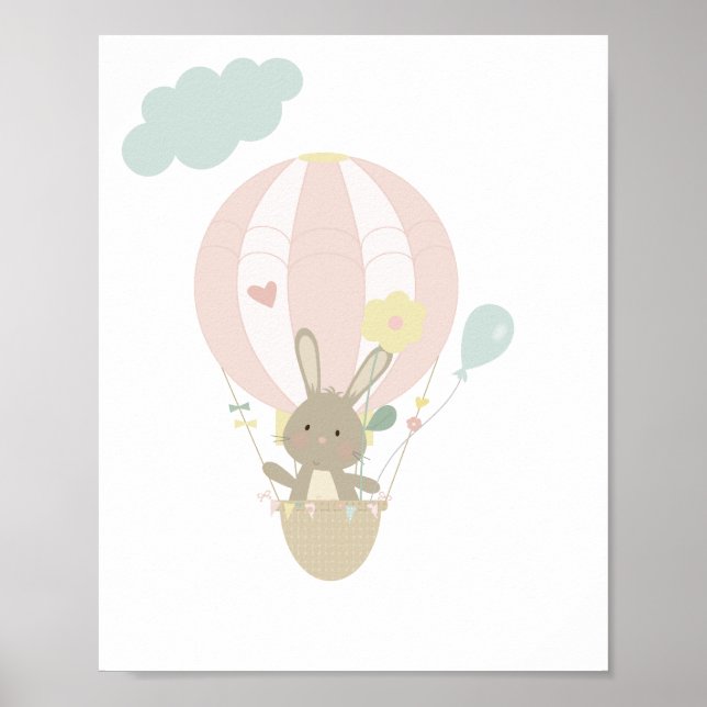 Cute Bunny InPink Hot Air Balloon Nursery Poster  (Front)