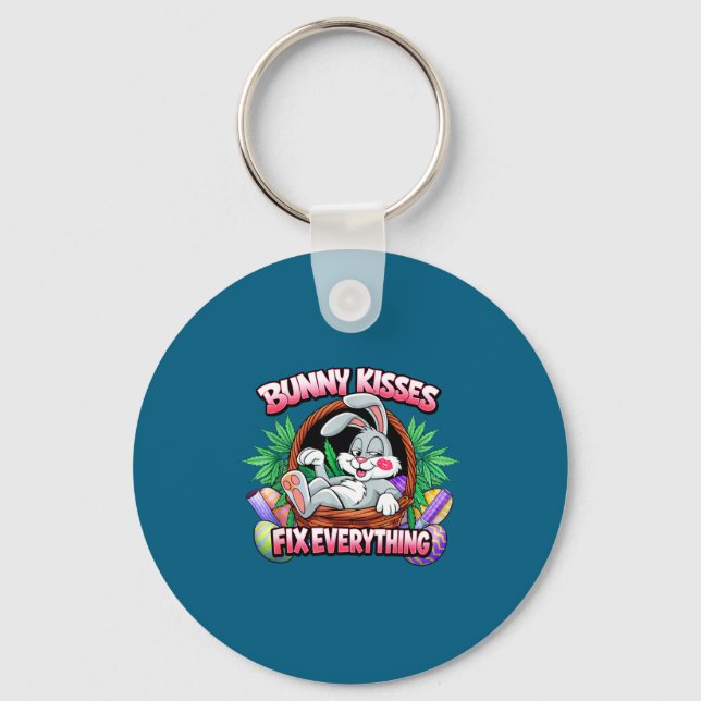 Cute bunny kisses fix everything funny rabbit key ring (Front)