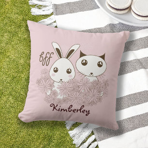 Cute Bunny Kitten Animal Friends Pink Girls Kids Outdoor Cushion