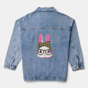 Cute Bunny Leopard Messy Bun Glasses Headband Happ Denim Jacket