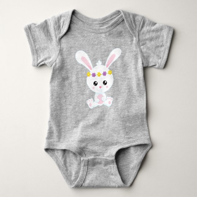 Cute Bunny, Little Bunny, White Bunny, Flowers Baby Bodysuit (Front)