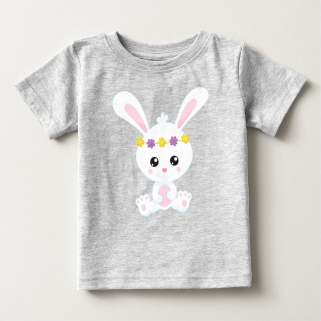 Cute Bunny, Little Bunny, White Bunny, Flowers Baby T-Shirt (Front)