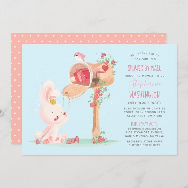 Cute Bunny Long Distance Baby Girl Shower By Mail Invitation (Front/Back)