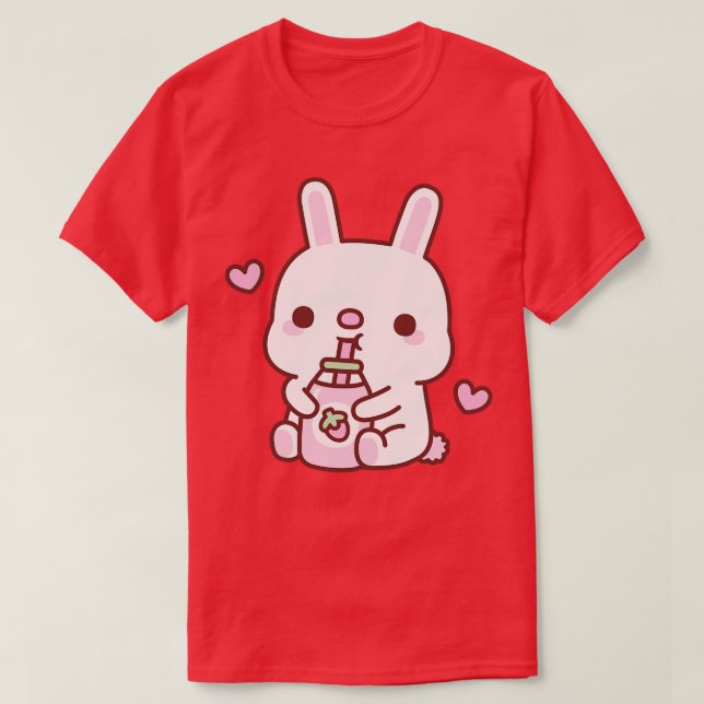Cute Bunny Loves Strawberry Milk T-Shirt (Design Front)