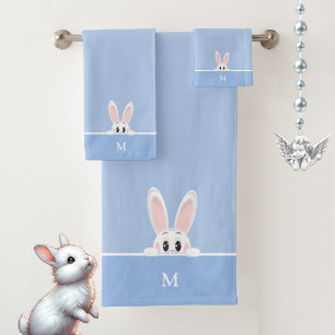 Cute Bunny & Monogram on Light Blue Bath Towel Set