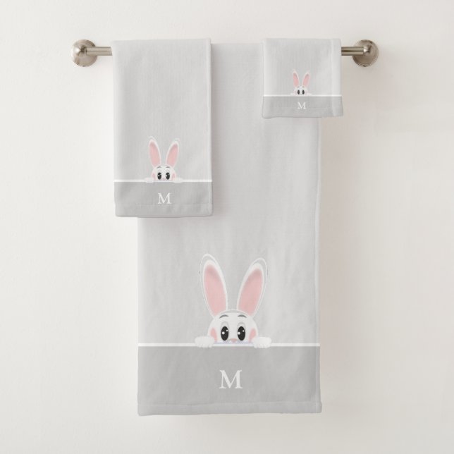 Cute Bunny & Monogram on Light Silver Grey Bath Towel Set (Insitu)